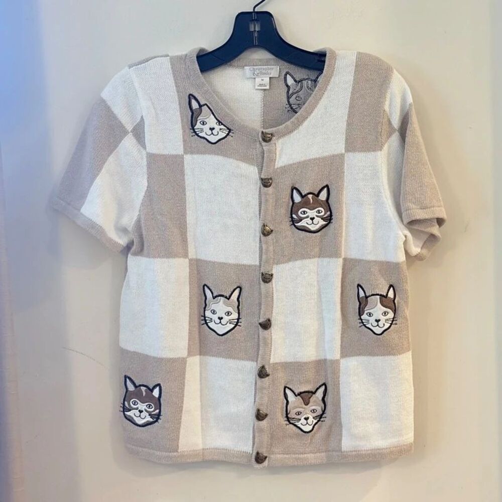 Cat Cardigan Checkerboard Short Sleeve Sz Medium Christopher Banks Beige Kitty